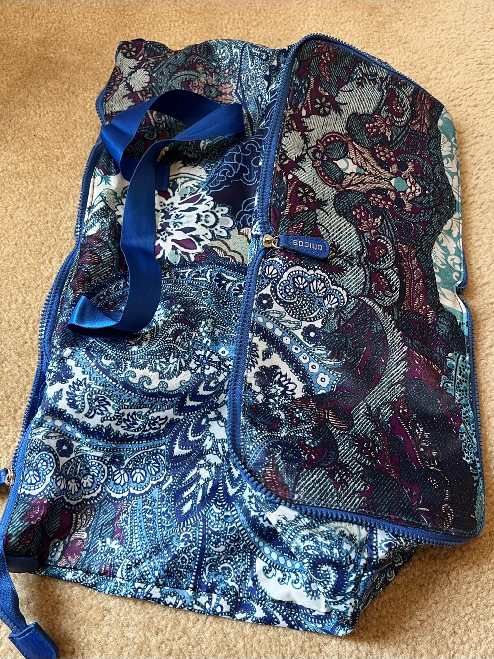 Chico's Packable Foldable Travel Tote Bag Paisley Blue Purple Large Expandable - Picture 5 of 13